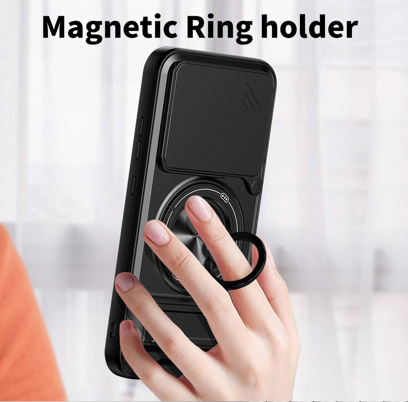 Luxury Slide Camera Lens Cover Case for Nothing Phone (4a) 5G, Built-in Ring Stand and Folding Stand Magnetic Protective Case
