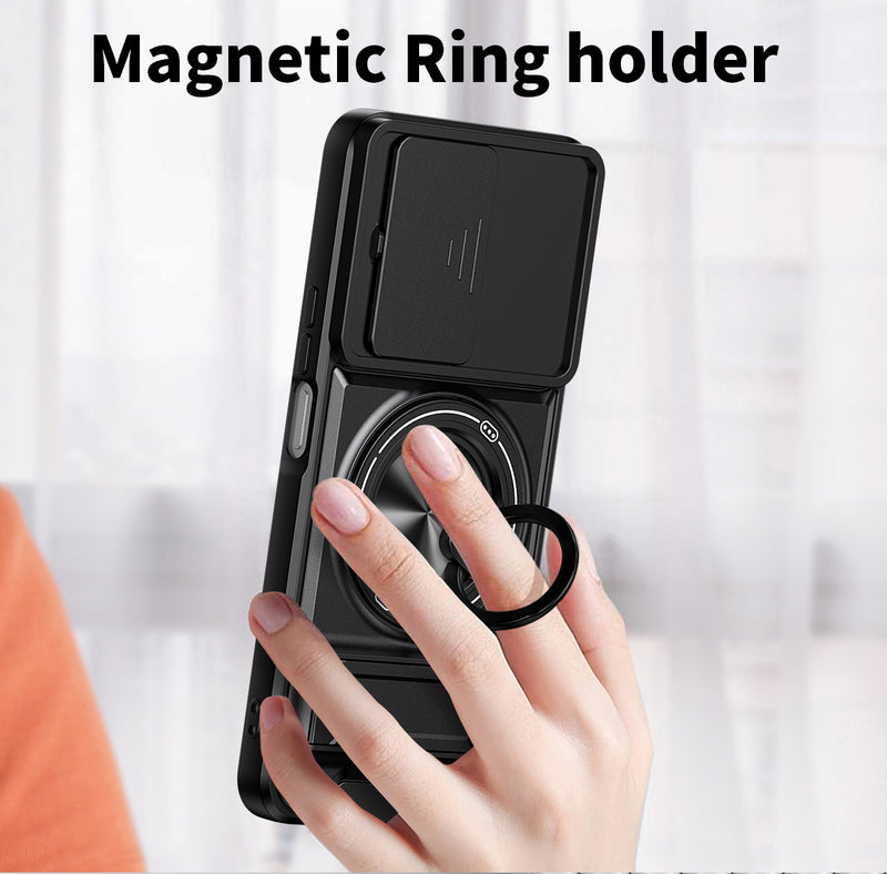 Luxury Slide Camera Lens Cover Case for Honor X8A 4G, Built-in Ring Stand and Folding Stand Magnetic Protective Case