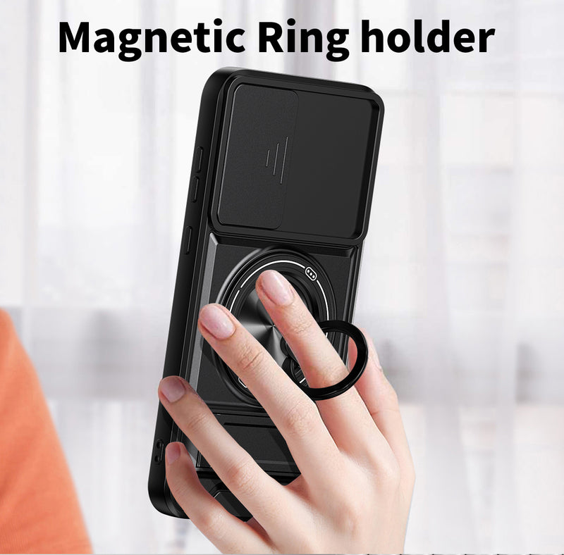 Luxury Slide Camera Lens Cover Case for Samsung Galaxy A55 5G, Built-in Ring Stand and Folding Stand Magnetic Protective Case