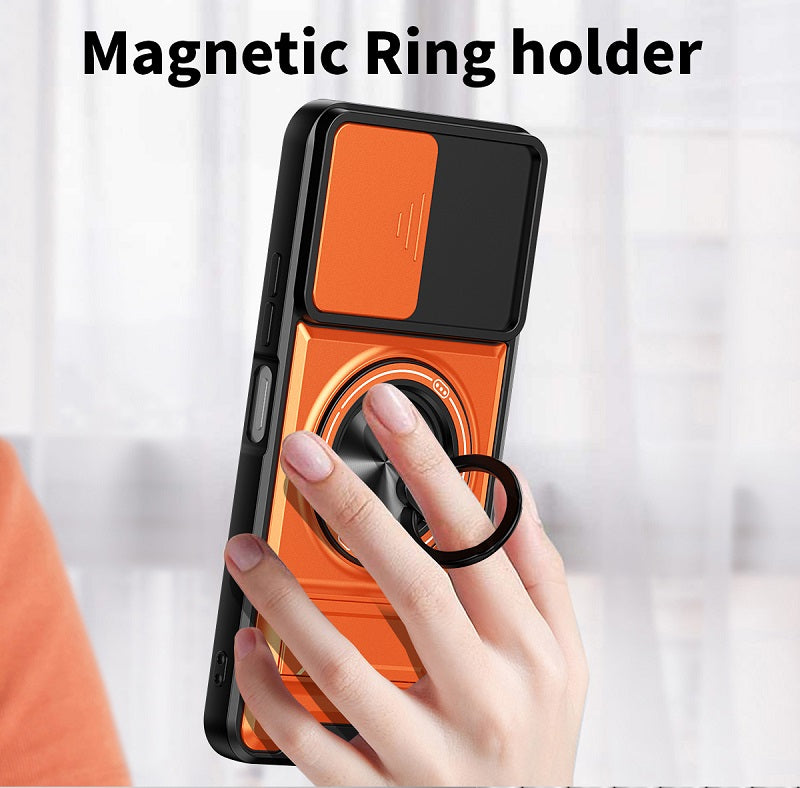 Luxury Slide Camera Lens Cover Case for Infinix Smart 20 4G, Built-in Ring Stand and Folding Stand Magnetic Protective Case