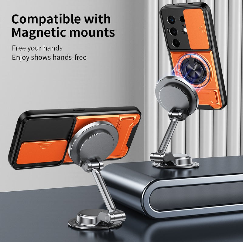 Luxury Slide Camera Lens Cover Case for Tecno Camon 50 4G, Built-in Ring Stand and Folding Stand Magnetic Protective Case