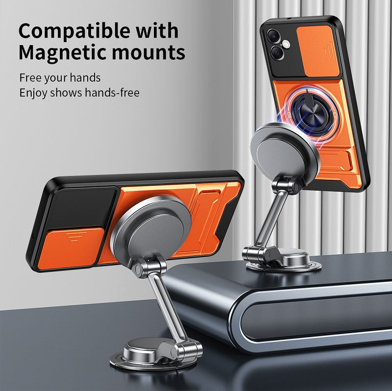 Luxury Slide Camera Lens Cover Case for Samsung Galaxy A05 4G, Built-in Ring Stand and Folding Stand Magnetic Protective Case