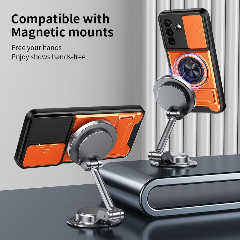 Luxury Slide Camera Lens Cover Case for Samsung Galaxy A57 A37 5G, Built-in Ring Stand and Folding Stand Magnetic Protective Case