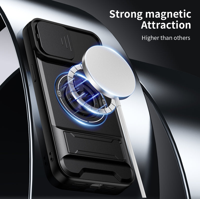 Luxury Slide Camera Lens Cover Case for iPhone 15 Pro Max, Built-in Ring Stand and Folding Stand Magnetic Protective Case