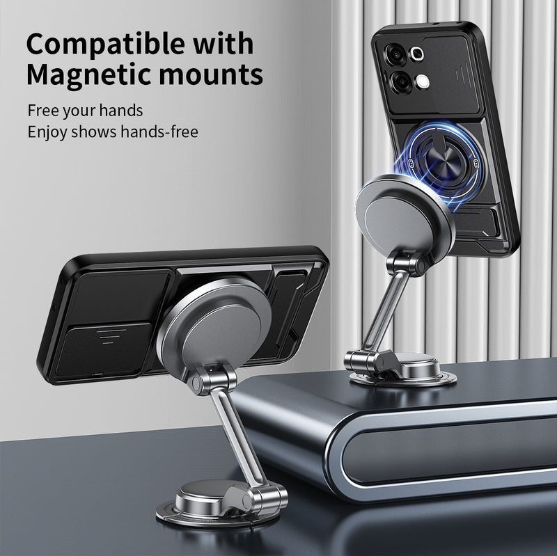 Luxury Slide Camera Lens Cover Case for OPPO A6 Pro 5G/4G, Built-in Ring Stand and Folding Stand Magnetic Protective Case