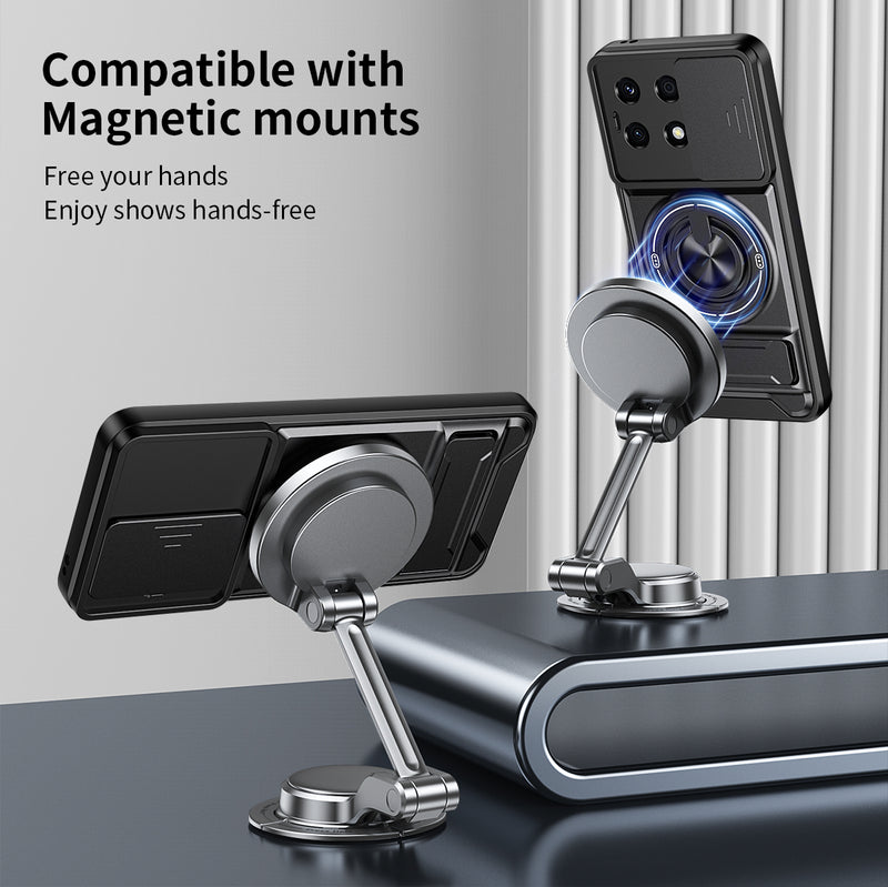 Luxury Slide Camera Lens Cover Case for Honor X8A 4G, Built-in Ring Stand and Folding Stand Magnetic Protective Case