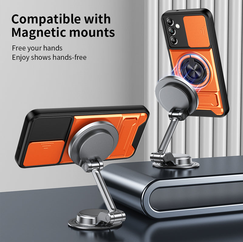 Luxury Slide Camera Lens Cover Case for Samsung Galaxy A14 5G/4G, Built-in Ring Stand and Folding Stand Magnetic Protective Case