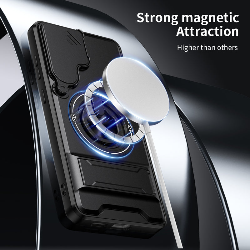 Luxury Slide Camera Lens Cover Case for Samsung Galaxy S25 Plus, Built-in Ring Stand and Folding Stand Magnetic Protective Case