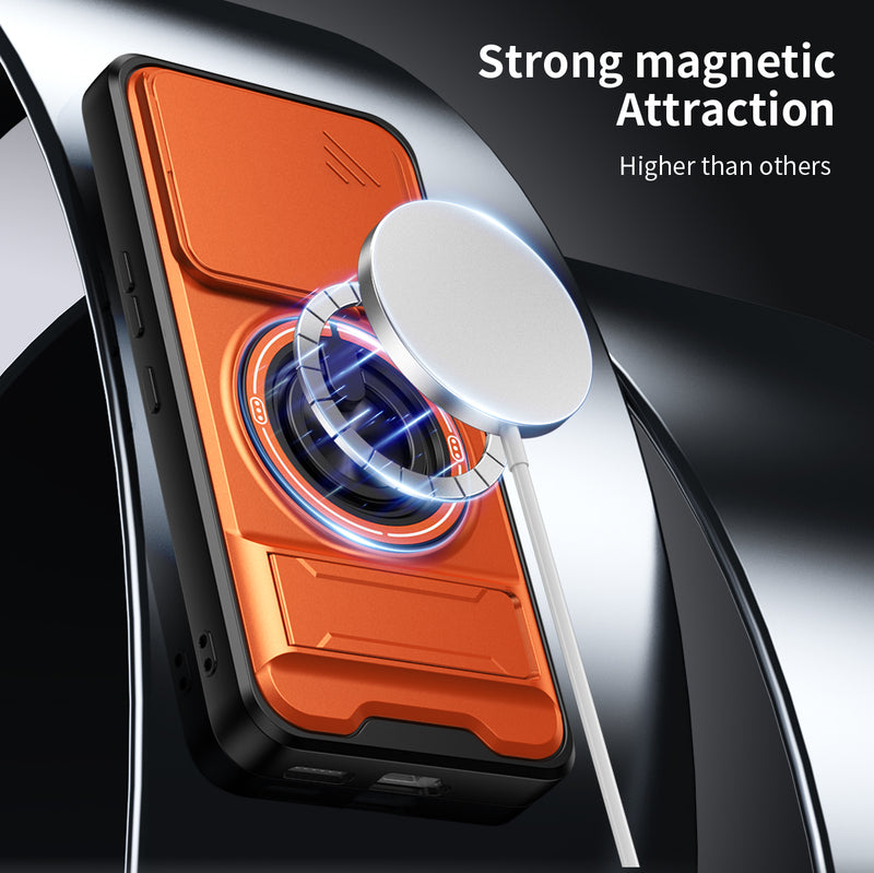Luxury Slide Camera Lens Cover Case for Tecno Pova 7 Ultra 5G, Built-in Ring Stand and Folding Stand Magnetic Protective Case