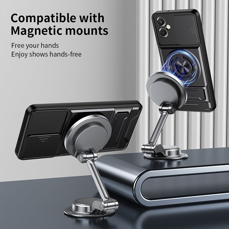Luxury Slide Camera Lens Cover Case for Samsung Galaxy A06 5G/4G, Built-in Ring Stand and Folding Stand Magnetic Protective Case