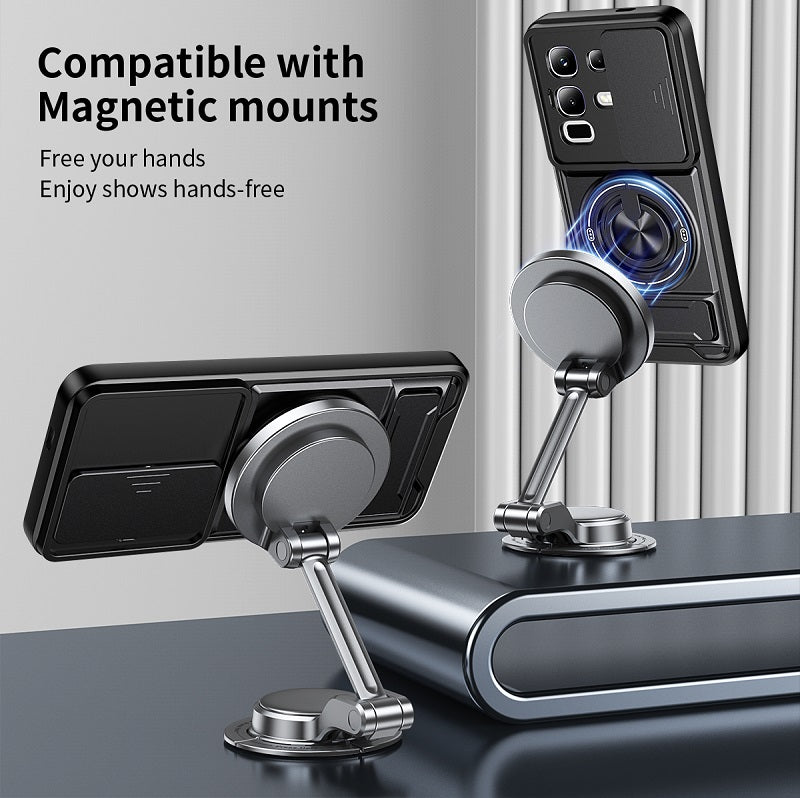 Luxury Slide Camera Lens Cover Case for Infinix Note 50X 5G, Built-in Ring Stand and Folding Stand Magnetic Protective Case