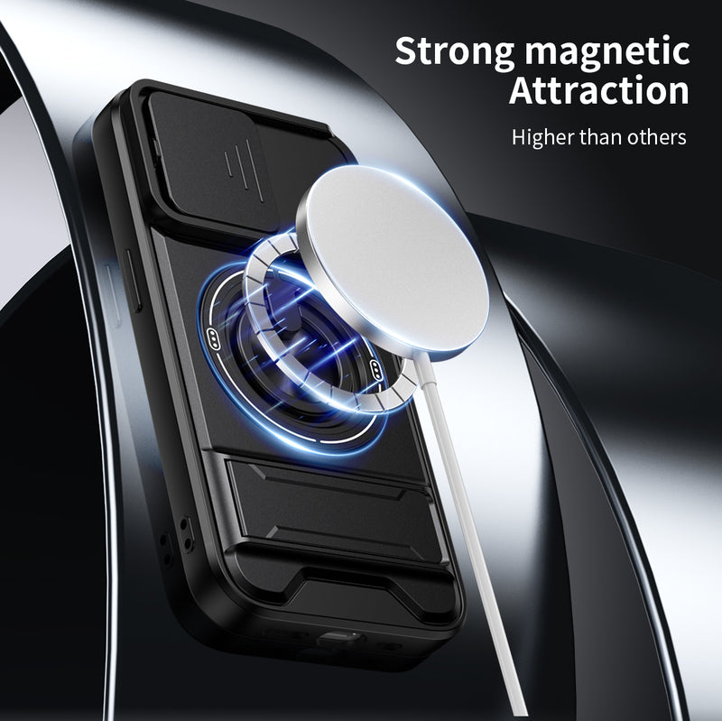 Luxury Slide Camera Lens Cover Case for iPhone 15 Pro, Built-in Ring Stand and Folding Stand Magnetic Protective Case