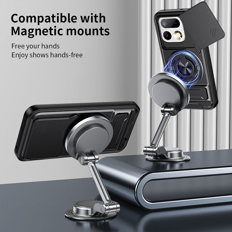 Luxury Slide Camera Lens Cover Case for OPPO Realme 16 Pro 5G, Built-in Ring Stand and Folding Stand Magnetic Protective Case