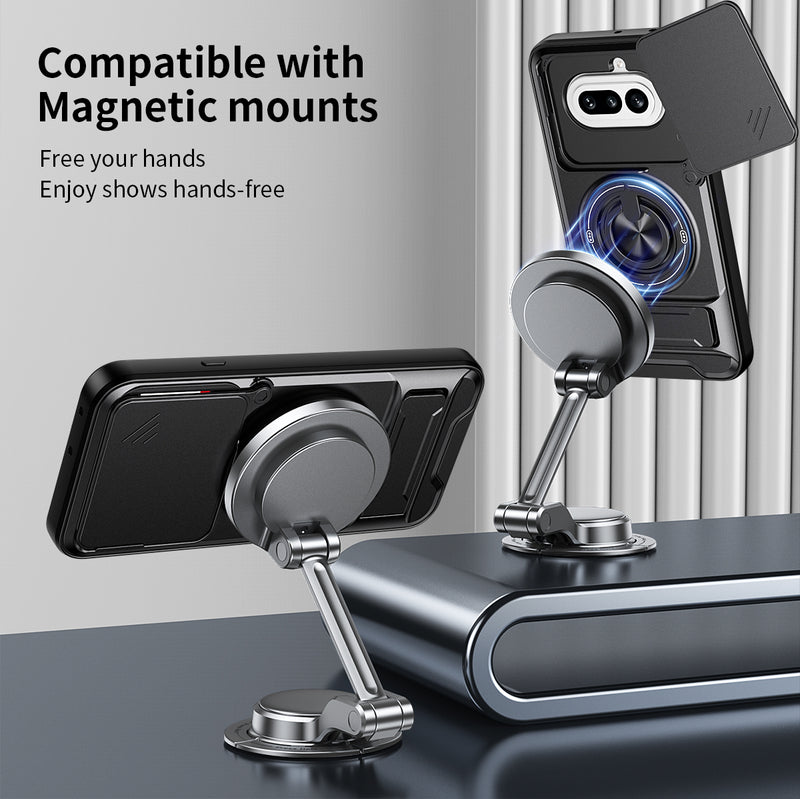 Luxury Slide Camera Lens Cover Case for Nothing Phone (4a) 5G, Built-in Ring Stand and Folding Stand Magnetic Protective Case