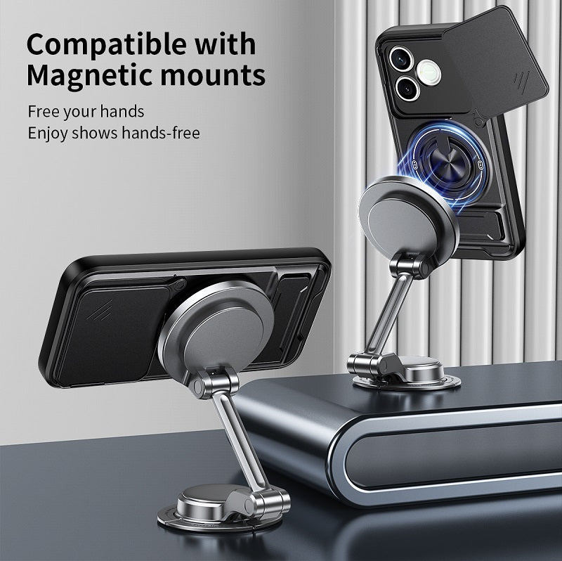 Luxury Slide Camera Lens Cover Case for Honor 600 Lite, Built-in Ring Stand and Folding Stand Magnetic Protective Case