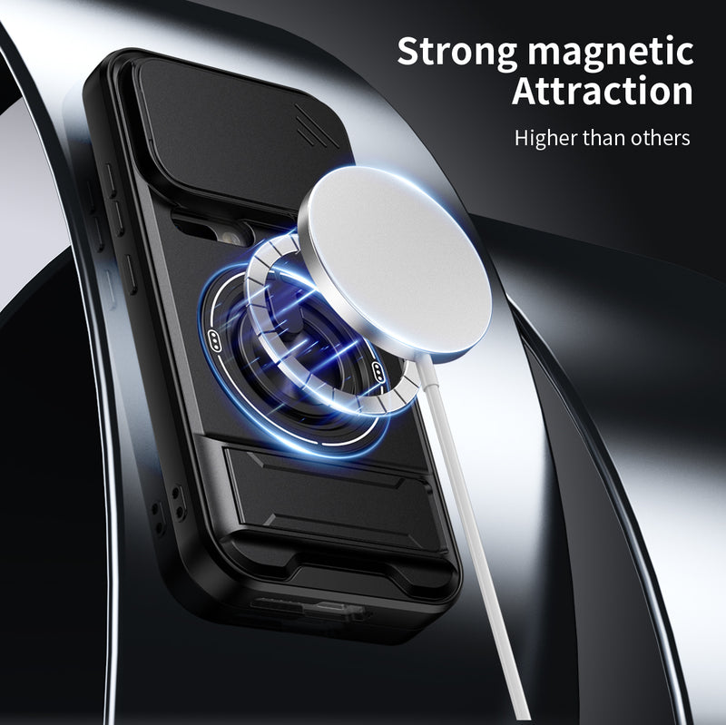 Luxury Slide Camera Lens Cover Case for Xiaomi 17 Pro, Built-in Ring Stand and Folding Stand Magnetic Protective Case