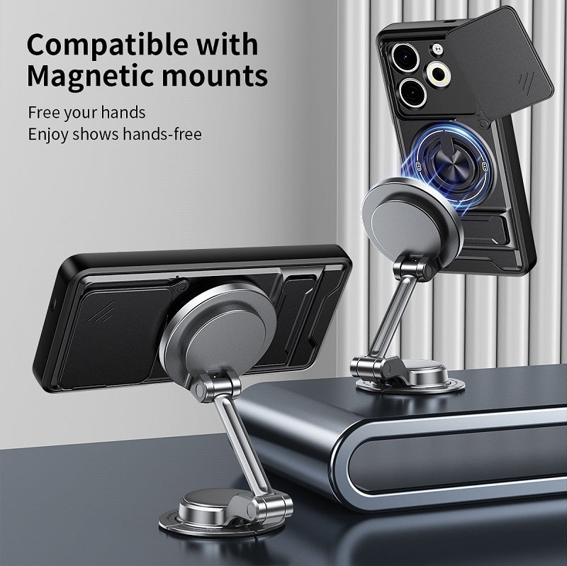 Luxury Slide Camera Lens Cover Case for Tecno Pova 6 Neo 4G, Built-in Ring Stand and Folding Stand Magnetic Protective Case