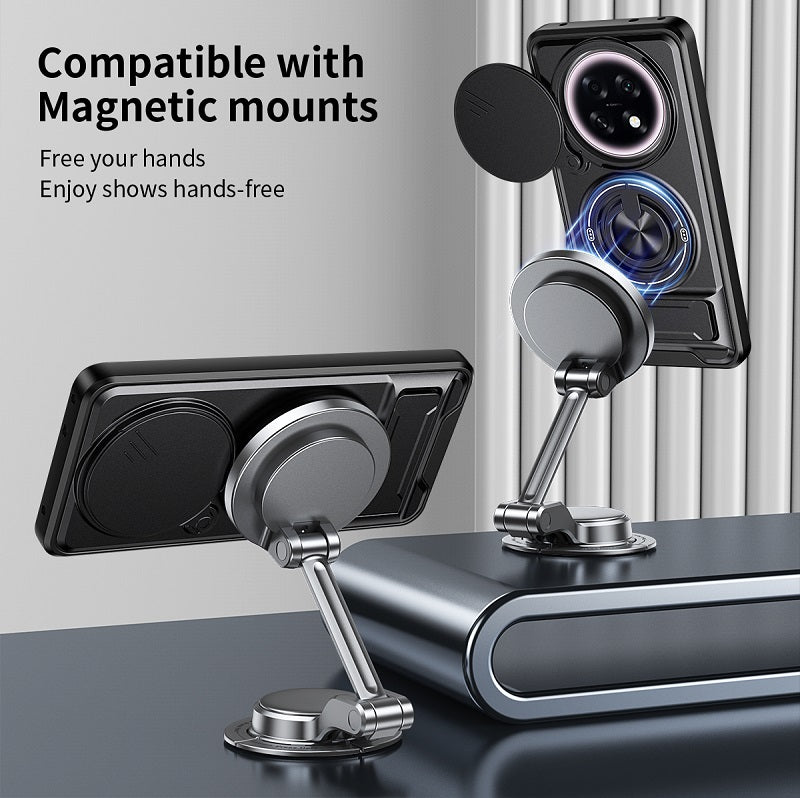 Luxury Slide Camera Lens Cover Case for OPPO F31 Pro+/OPPO A6 GT, Built-in Ring Stand and Folding Stand Magnetic Protective Case