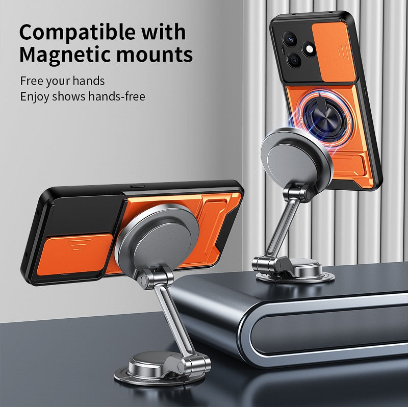 Luxury Slide Camera Lens Cover Case for Honor X8D, Built-in Ring Stand and Folding Stand Magnetic Protective Case
