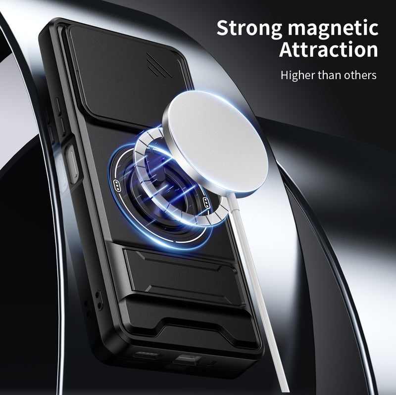 Luxury Slide Camera Lens Cover Case for Tecno Pova 7 5G, Built-in Ring Stand and Folding Stand Magnetic Protective Case