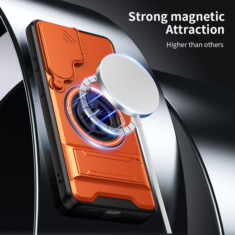 Luxury Slide Camera Lens Cover Case for Samsung Galaxy S26 Plus, Built-in Ring Stand and Folding Stand Magnetic Protective Case