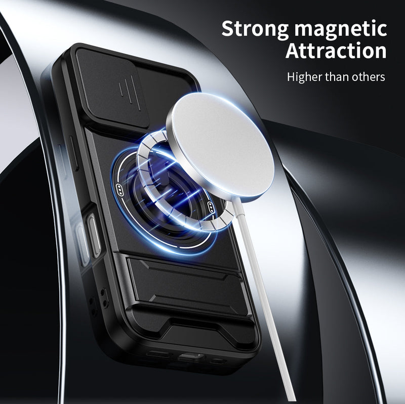Luxury Slide Camera Lens Cover Case for iPhone 16, Built-in Ring Stand and Folding Stand Magnetic Protective Case