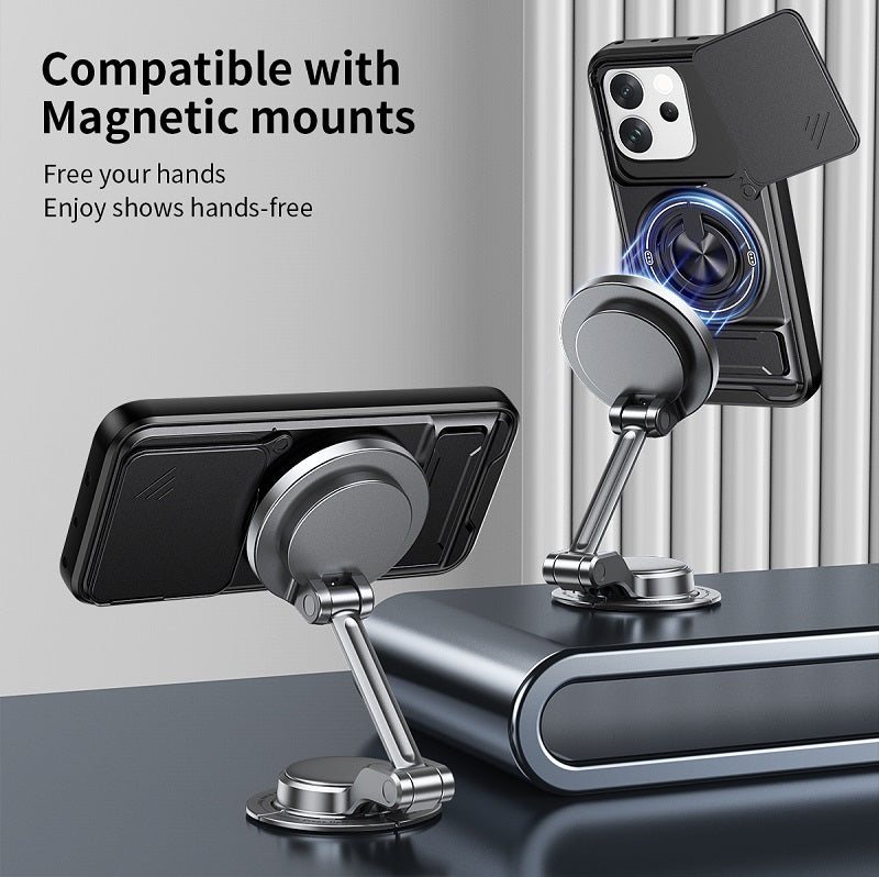 Luxury Slide Camera Lens Cover Case for Vivo V70 5G, Built-in Ring Stand and Folding Stand Magnetic Protective Case