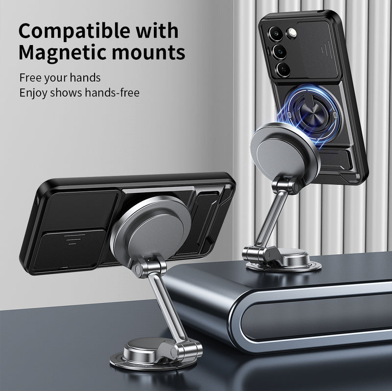 Luxury Slide Camera Lens Cover Case for OPPO Realme C83 5G, Built-in Ring Stand and Folding Stand Magnetic Protective Case