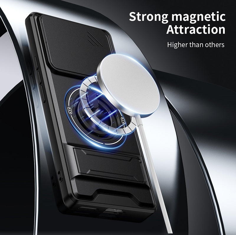 Luxury Slide Camera Lens Cover Case for Infinix Note 40 Pro 5G/4G, Built-in Ring Stand and Folding Stand Magnetic Protective Case