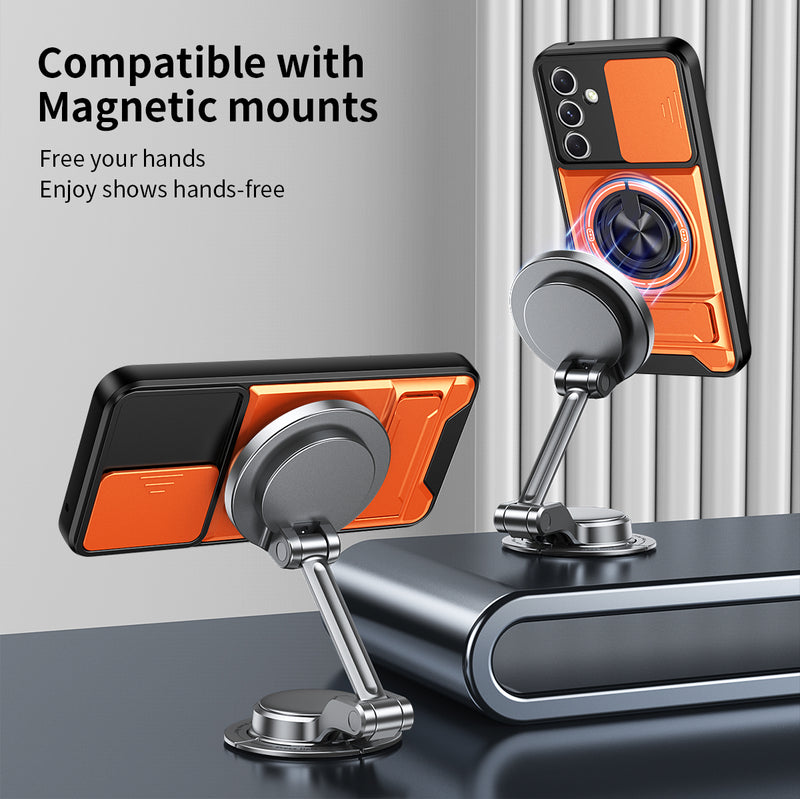 Luxury Slide Camera Lens Cover Case for Samsung Galaxy A54 5G, Built-in Ring Stand and Folding Stand Magnetic Protective Case