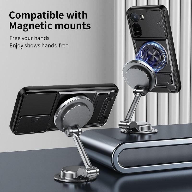 Luxury Slide Camera Lens Cover Case for Xiaomi Redmi A7 Pro 4G, Built-in Ring Stand and Folding Stand Magnetic Protective Case