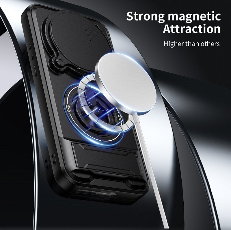 Luxury Slide Camera Lens Cover Case for Xiaomi 17 Ultra 5G, Built-in Ring Stand and Folding Stand Magnetic Protective Case
