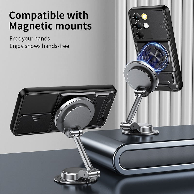 Luxury Slide Camera Lens Cover Case for OPPO Realme C85 Pro 5G, Built-in Ring Stand and Folding Stand Magnetic Protective Case