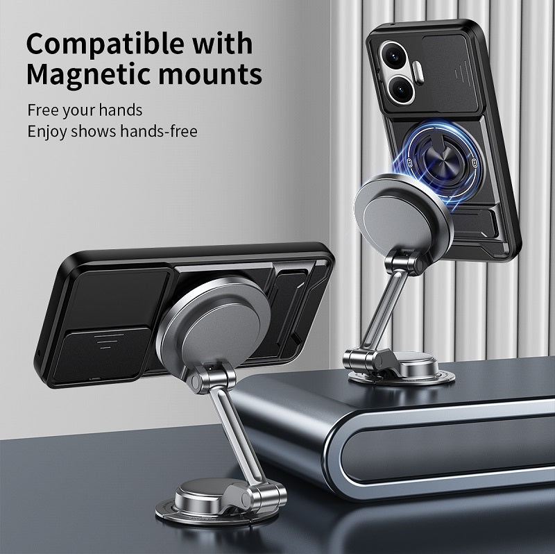 Luxury Slide Camera Lens Cover Case for Xiaomi Redmi Turbo 4 Pro/Poco F7, Built-in Ring Stand and Folding Stand Magnetic Protective Case