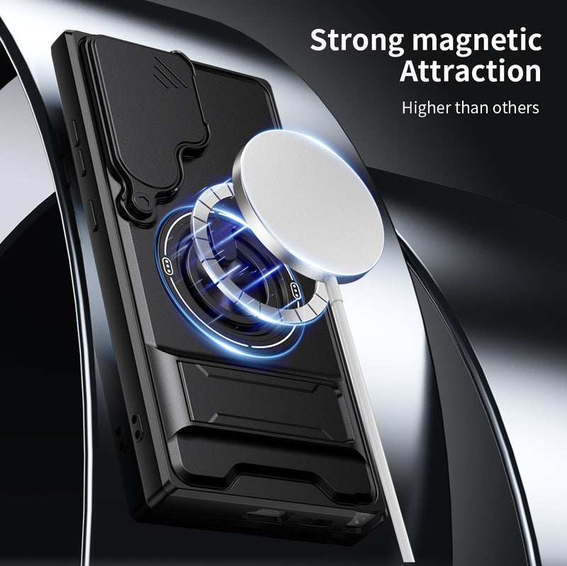 Luxury Slide Camera Lens Cover Case for Samsung Galaxy S24 Ultra, Built-in Ring Stand and Folding Stand Magnetic Protective Case