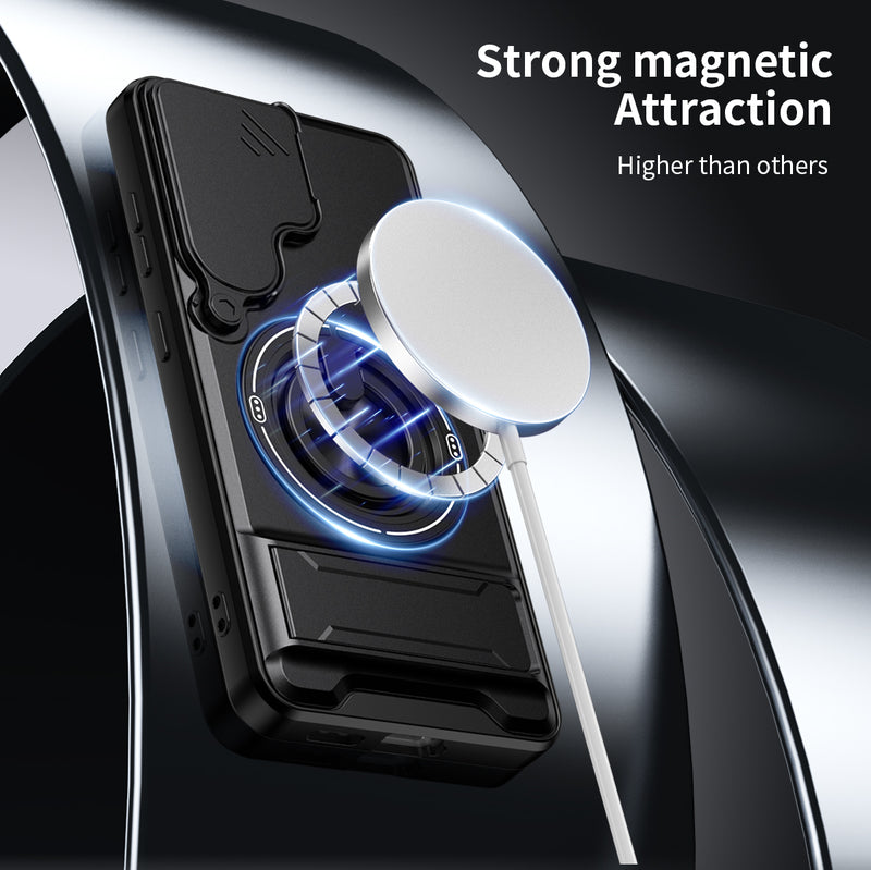 Luxury Slide Camera Lens Cover Case for Samsung Galaxy S25, Built-in Ring Stand and Folding Stand Magnetic Protective Case