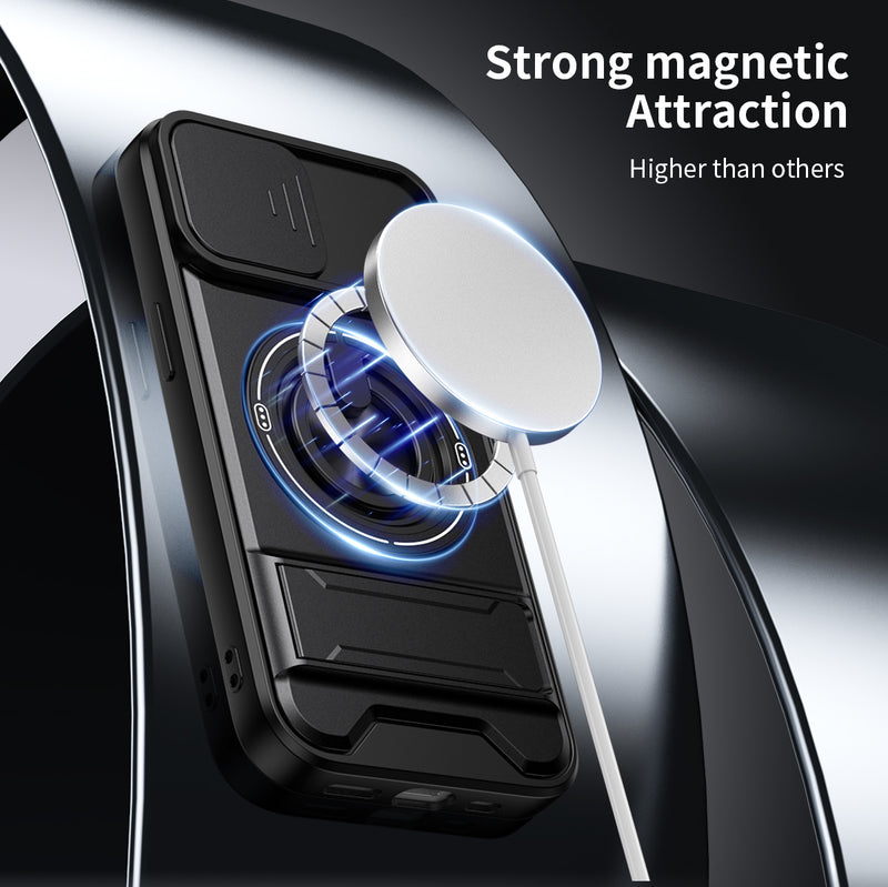 Luxury Slide Camera Lens Cover Case for iPhone 15, Built-in Ring Stand and Folding Stand Magnetic Protective Case