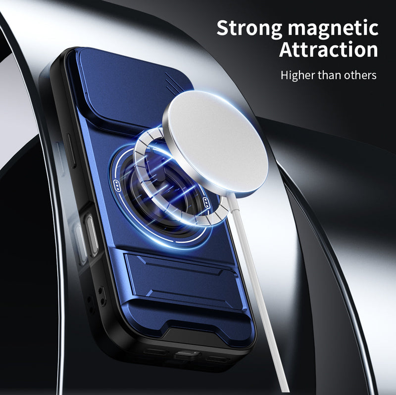 Luxury Slide Camera Lens Cover Case for iPhone 17 Pro, Built-in Ring Stand and Folding Stand Magnetic Protective Case