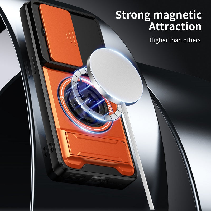 Luxury Slide Camera Lens Cover Case for Infinix Note 50 Pro+/Plus 5G, Built-in Ring Stand and Folding Stand Magnetic Protective Case
