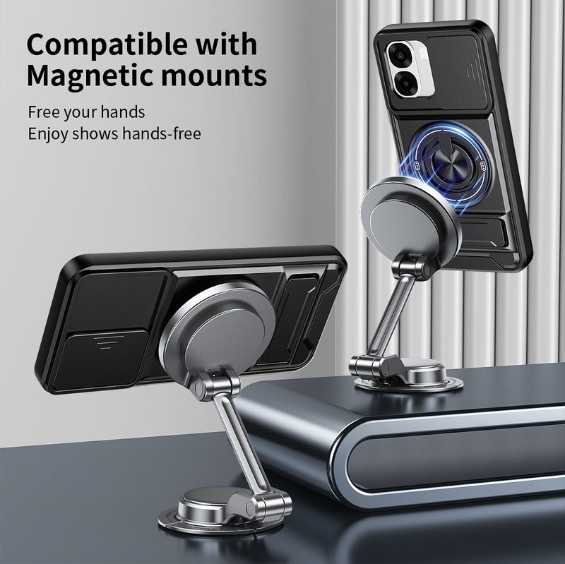 Luxury Slide Camera Lens Cover Case for OPPO A6X 5G/4G, Built-in Ring Stand and Folding Stand Magnetic Protective Case