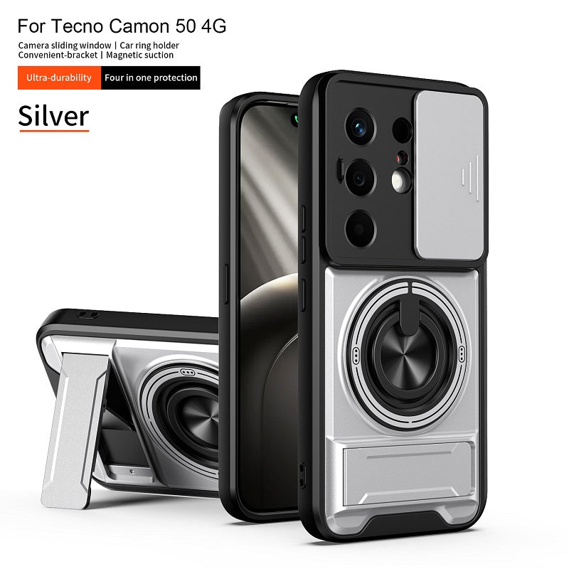 Luxury Slide Camera Lens Cover Case for Tecno Camon 50 4G, Built-in Ring Stand and Folding Stand Magnetic Protective Case