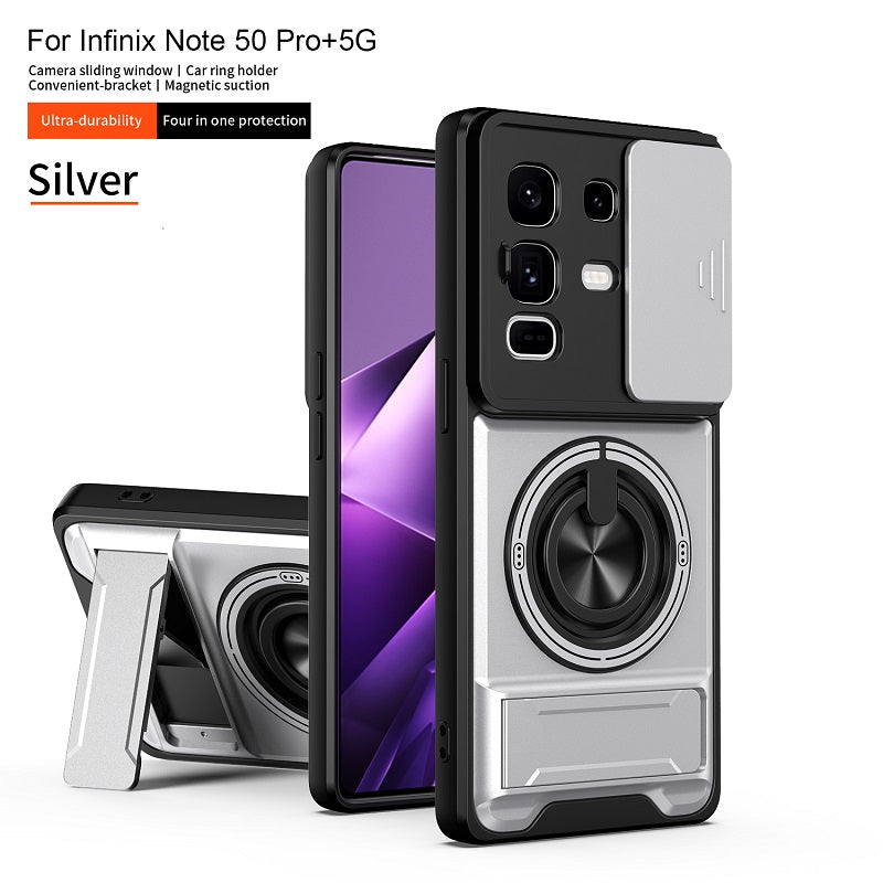 Luxury Slide Camera Lens Cover Case for Infinix Note 50 Pro+/Plus 5G, Built-in Ring Stand and Folding Stand Magnetic Protective Case