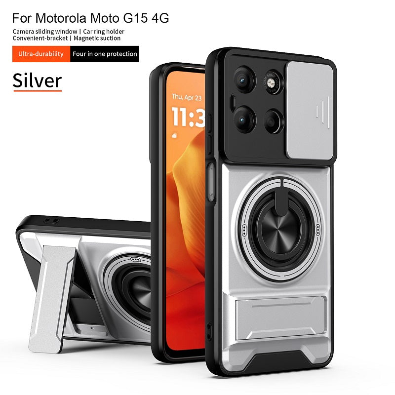Luxury Slide Camera Lens Cover Case for Motorola Moto G15 4G, Built-in Ring Stand and Folding Stand Magnetic Protective Case