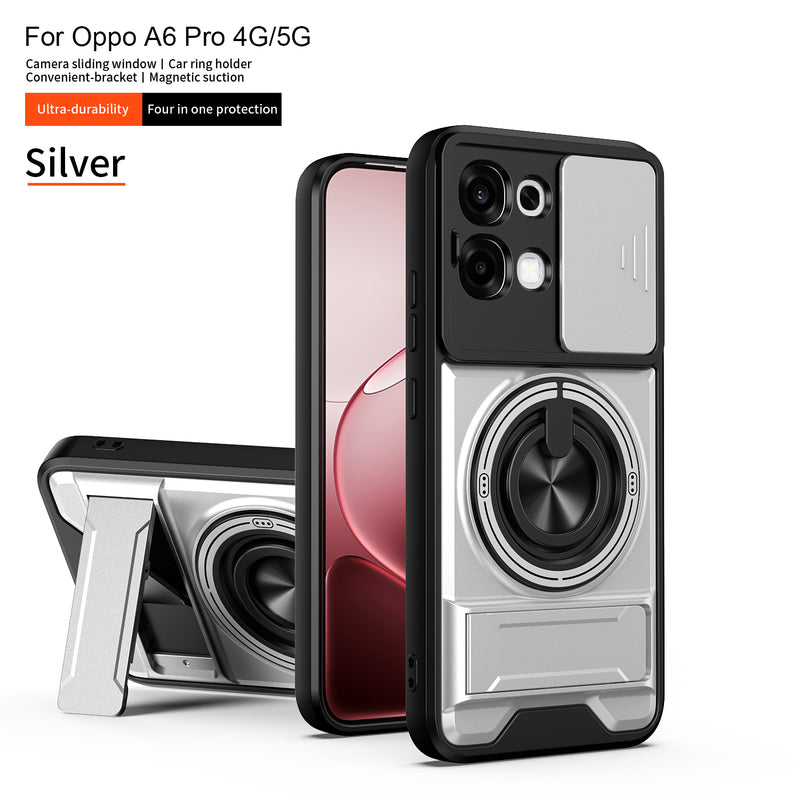 Luxury Slide Camera Lens Cover Case for OPPO A6 Pro 5G/4G, Built-in Ring Stand and Folding Stand Magnetic Protective Case