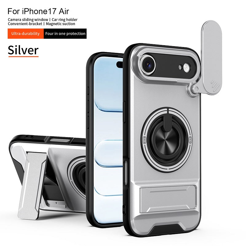Luxury Slide Camera Lens Cover Case for iPhone 17 Air, Built-in Ring Stand and Folding Stand Magnetic Protective Case