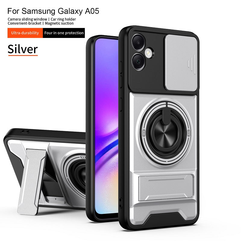 Luxury Slide Camera Lens Cover Case for Samsung Galaxy A05 4G, Built-in Ring Stand and Folding Stand Magnetic Protective Case