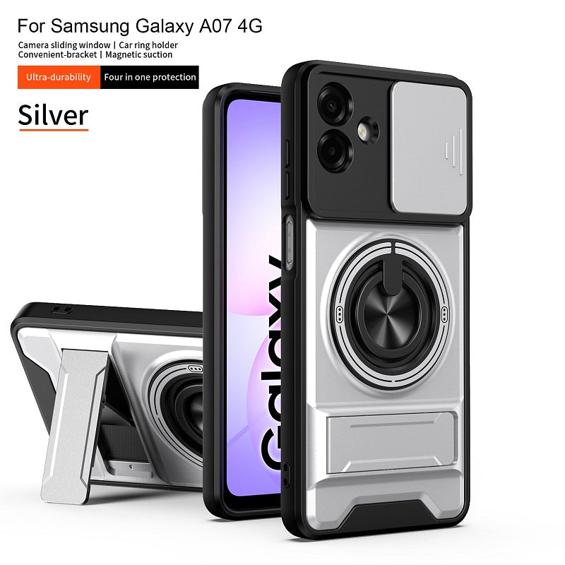 Luxury Slide Camera Lens Cover Case for Samsung Galaxy A07 4G, Built-in Ring Stand and Folding Stand Magnetic Protective Case