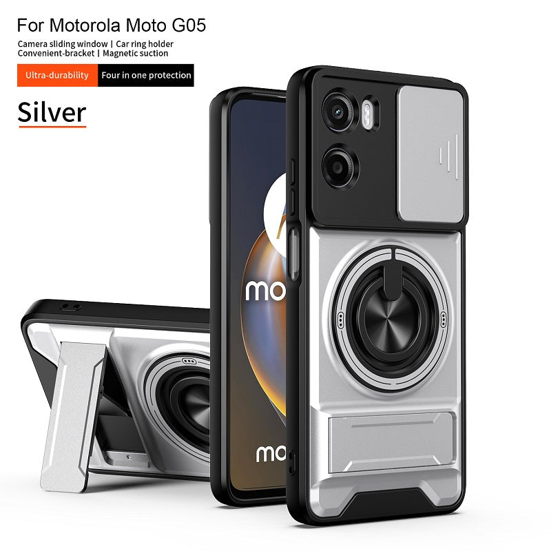 Luxury Slide Camera Lens Cover Case for Motorola Moto G05 4G, Built-in Ring Stand and Folding Stand Magnetic Protective Case