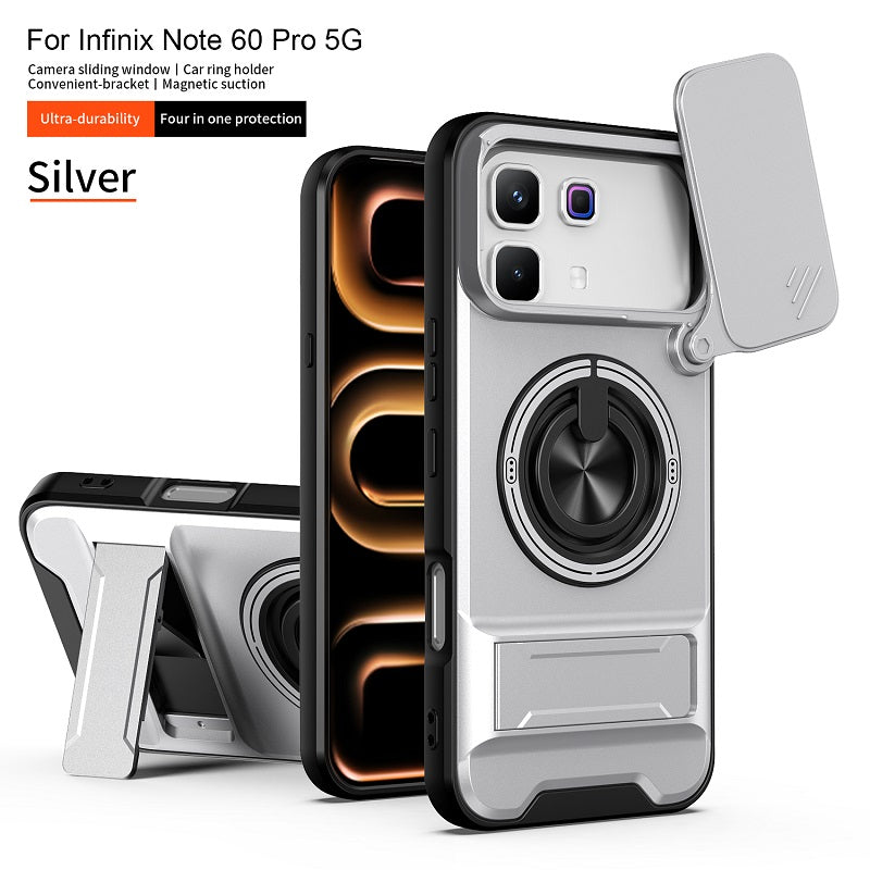 Luxury Slide Camera Lens Cover Case for Infinix Note 60 Pro 5G, Built-in Ring Stand and Folding Stand Magnetic Protective Case