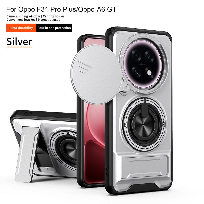 Luxury Slide Camera Lens Cover Case for OPPO F31 Pro+/OPPO A6 GT, Built-in Ring Stand and Folding Stand Magnetic Protective Case